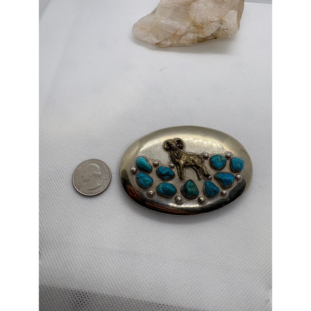 Vintage Ahumada & Sons Baboquivari Turquoise Ram Belt Buckle Silver Tone Oval - Picture 9 of 10